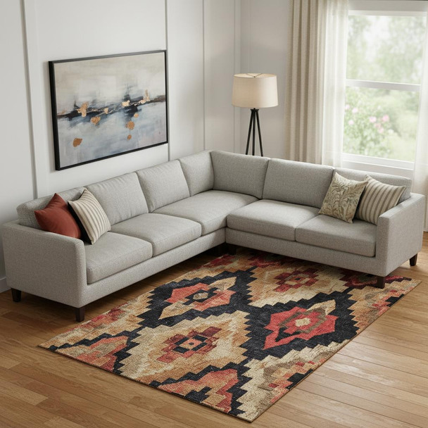 9' X 12' Rust Beige And Charcoal Ikat Washable Area Rug With UV Protection