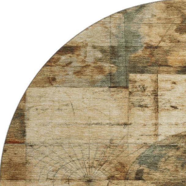 8' Beige Gray And Rust Geometric Washable Round Rug With UV Protection