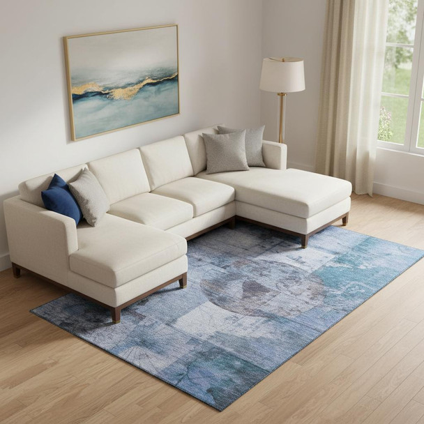 10' X 14' Blue And Gray Geometric Washable Area Rug With UV Protection