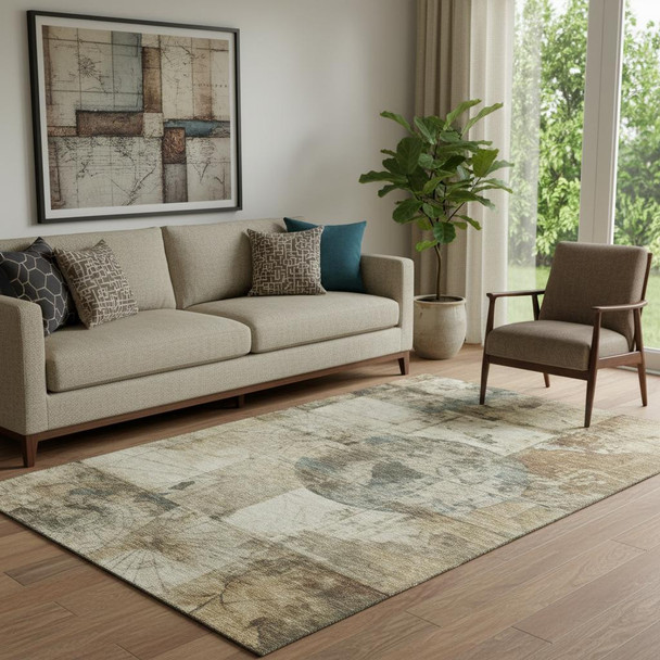 5' X 8' Taupe Gray And Beige Geometric Washable Area Rug With UV Protection