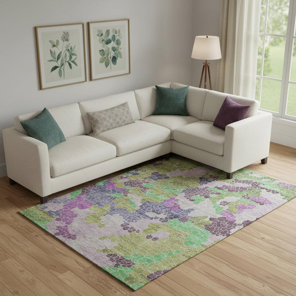9' X 12' Fern Green Eggplant And Blush Geometric Washable Area Rug With UV Protection