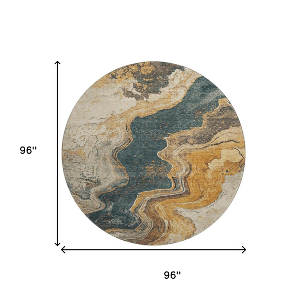 8' Linen Gray And Ivory Abstract Washable Round Rug With UV Protection
