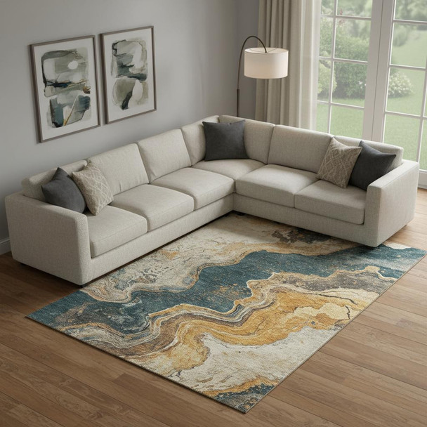 9' X 12' Linen Gray And Ivory Abstract Washable Area Rug With UV Protection