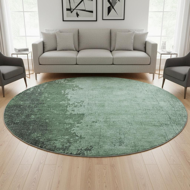 8' Pale Aqua And Gray Abstract Washable Round Rug With UV Protection