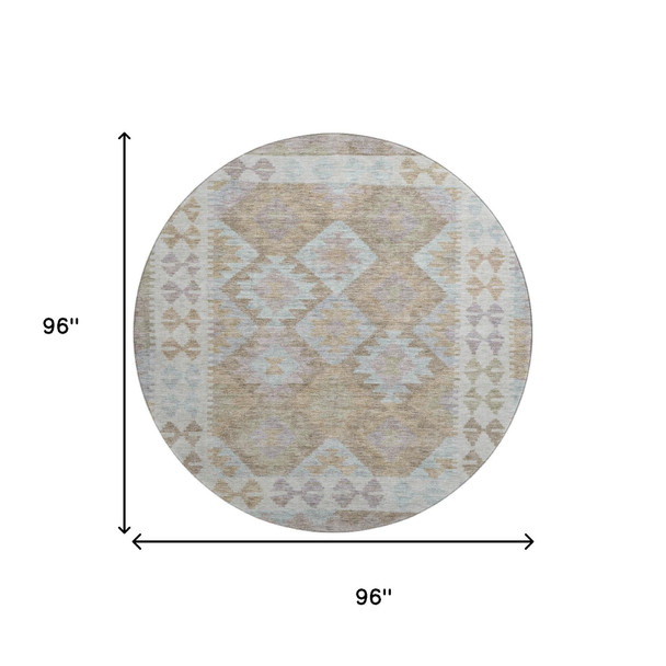8' Khaki And Ivory Tribal Washable Round Rug With UV Protection