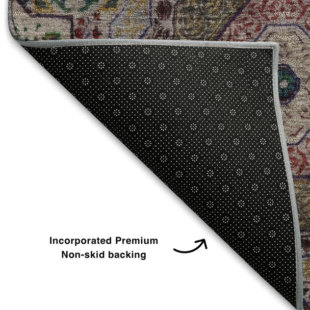 5' X 8' Purple Teal And Red Medallion Washable Area Rug With UV Protection