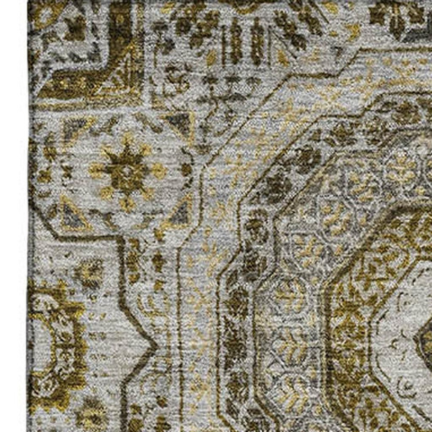 9' X 12' Taupe Ivory And Gold Medallion Washable Area Rug With UV Protection