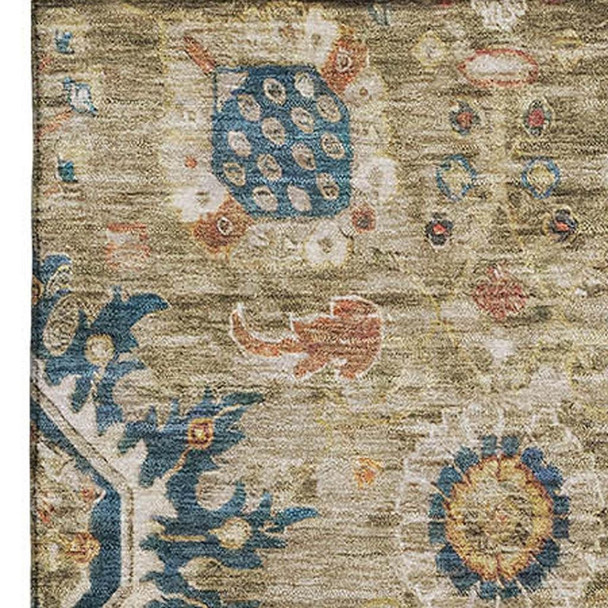 3' X 5' Brown Blue And Gold Oriental Washable Area Rug With UV Protection