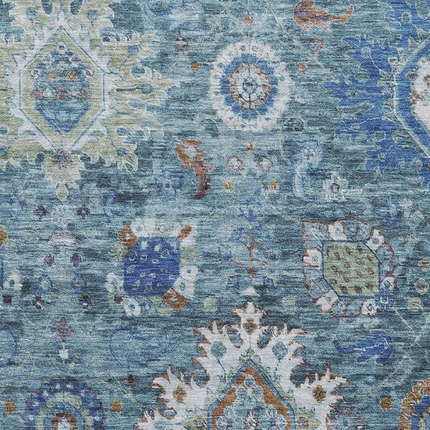 5' X 8' Blue Rust And Ivory Oriental Washable Area Rug With UV Protection