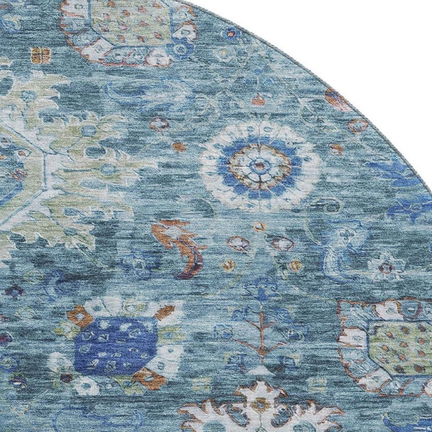 8' Blue Rust And Ivory Oriental Washable Round Rug With UV Protection
