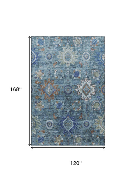 10' X 14' Blue Rust And Ivory Oriental Washable Area Rug With UV Protection