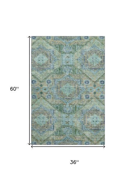 3' X 5' Green Blue And Beige Abstract Geometric Washable Area Rug With UV Protection