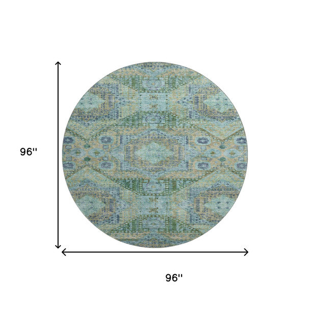 8' Green Blue And Beige Abstract Geometric Washable Round Rug With UV Protection