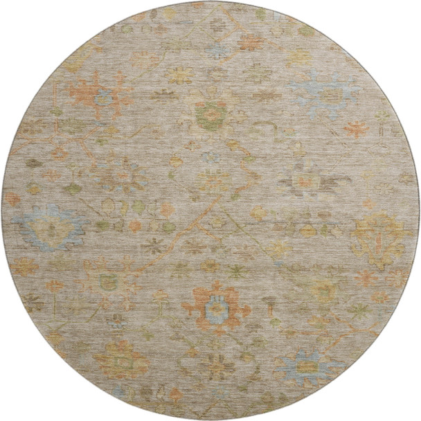 8' Beige Orange And Blue Floral Washable Round Rug With UV Protection