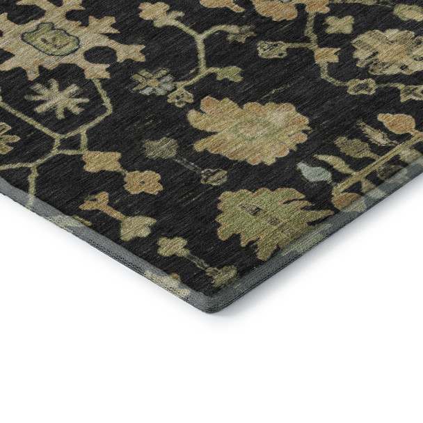 8' Black Gold And Blue Floral Washable Round Rug With UV Protection