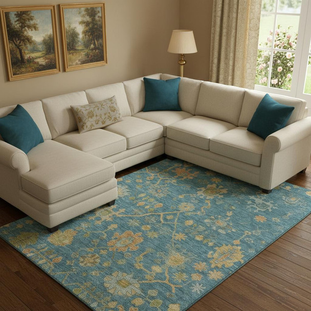 10' X 14' Teal Gold And Blue Floral Washable Area Rug With UV Protection