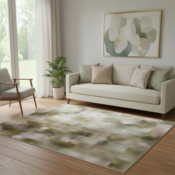 5' X 8' Green Purple And Gold Abstract Washable Area Rug With UV Protection