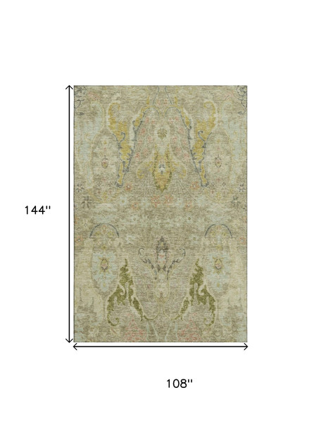 9' X 12' Khaki Gold And Beige Floral Washable Area Rug With UV Protection