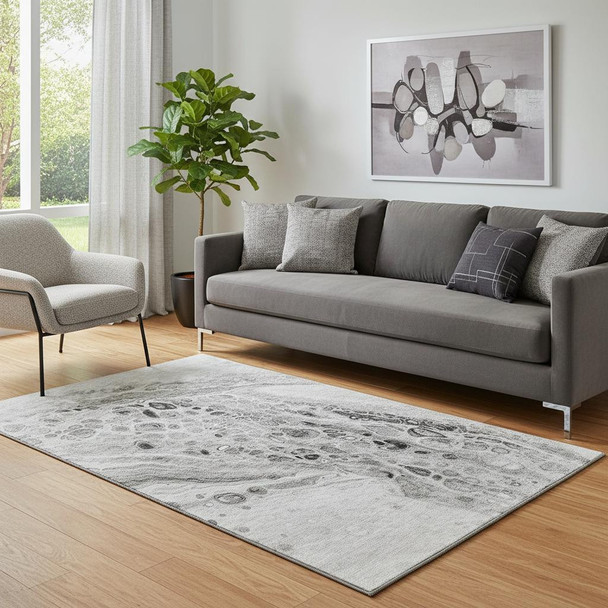 5' X 8' Pewter Gray And Silver Abstract Washable Area Rug With UV Protection
