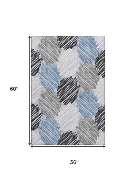 3' X 5' Blue Ivory And Gray Geometric Washable Area Rug With UV Protection