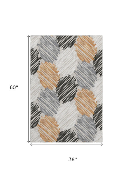 3' X 5' Copper Ivory And Gray Geometric Washable Area Rug With UV Protection