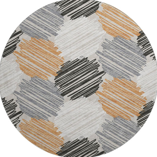 8' Copper Ivory And Gray Geometric Washable Round Rug With UV Protection
