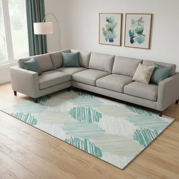 9' X 12' Teal Ivory And Gray Geometric Washable Area Rug With UV Protection