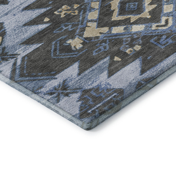3' X 5' Blue Charcoal And Gray Tribal Washable Area Rug With UV Protection