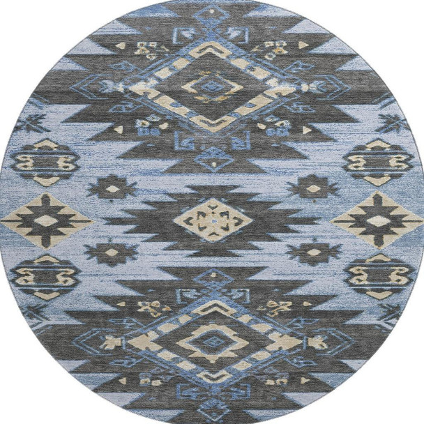 8' Blue Charcoal And Gray Tribal Washable Round Rug With UV Protection