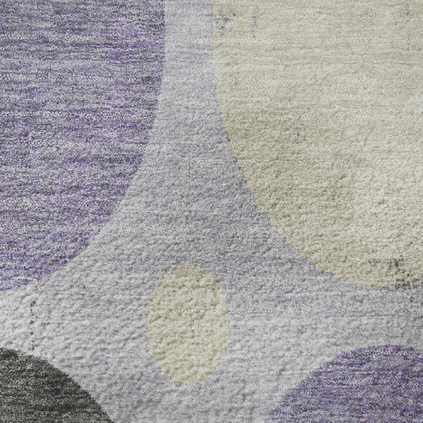 8' Lavender Charcoal And Ivory Geometric Washable Round Rug With UV Protection