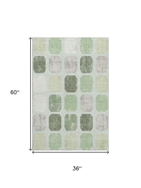 3' X 5' Artichoke Green Gray And Ivory Geometric Washable Area Rug With UV Protection