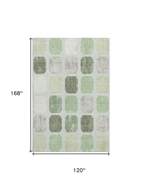 10' X 14' Artichoke Green Gray And Ivory Geometric Washable Area Rug With UV Protection