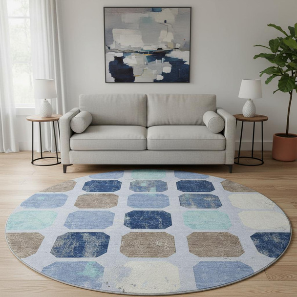 8' Denim Blue Brown And Teal Geometric Washable Round Rug With UV Protection