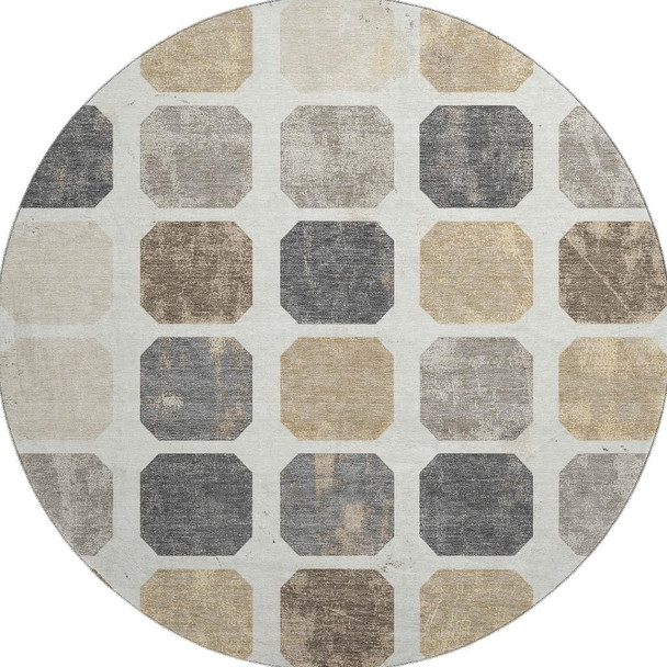 8' Ivory Beige And Gray Geometric Washable Round Rug With UV Protection