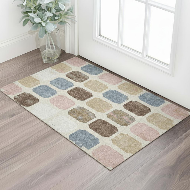 3' X 5' Linen Ivory And Brown Geometric Washable Area Rug With UV Protection