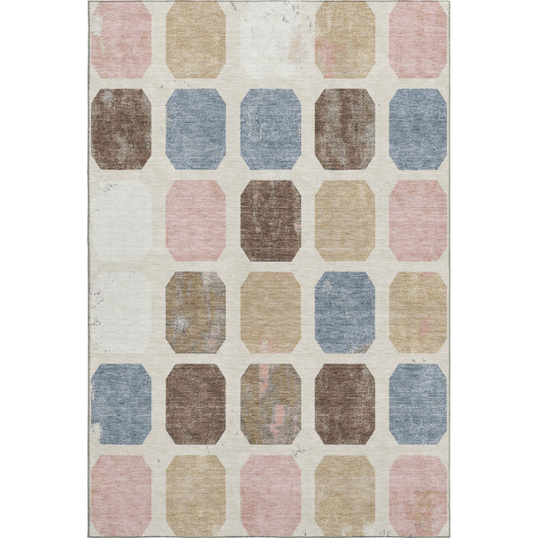 5' X 8' Linen Ivory And Brown Geometric Washable Area Rug With UV Protection