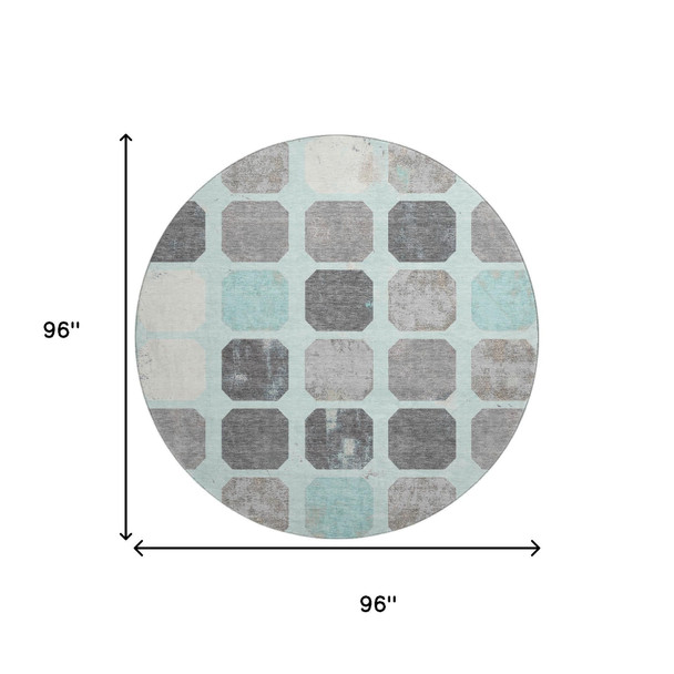 8' Teal Gray And Ivory Geometric Washable Round Rug With UV Protection