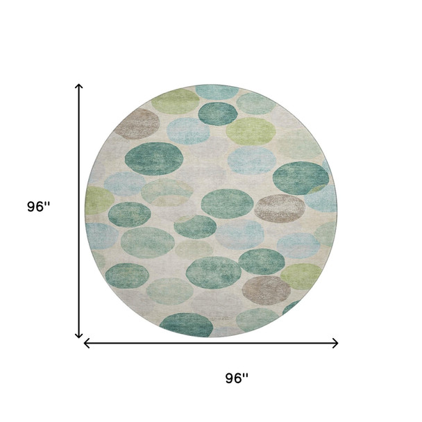 8' Teal Green And Ivory Geometric Washable Round Rug With UV Protection