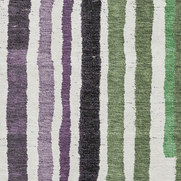 9' X 12' Purple Green And Ivory Striped Washable Area Rug With UV Protection