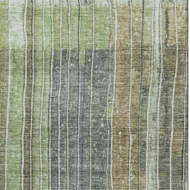 5' X 8' Artichoke Green Purple And Charcoal Striped Washable Area Rug With UV Protection
