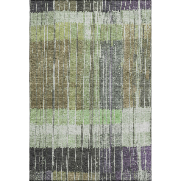 10' X 14' Artichoke Green Purple And Charcoal Striped Washable Area Rug With UV Protection