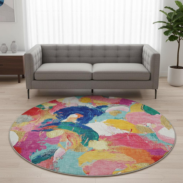 8' Blush Blue And Emerald Abstract Washable Round Rug With UV Protection