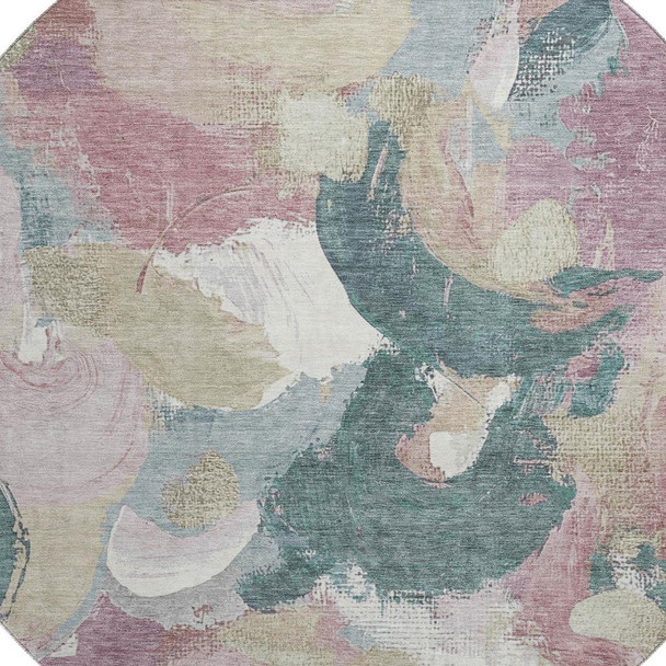 8' Mauve Beige And Blush Abstract Washable Round Rug With UV Protection