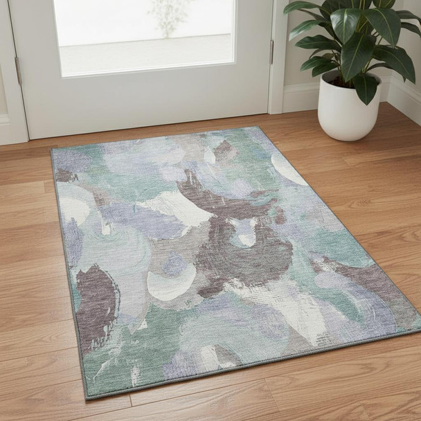 3' X 5' Pale Aqua Brown And Ivory Abstract Washable Area Rug With UV Protection