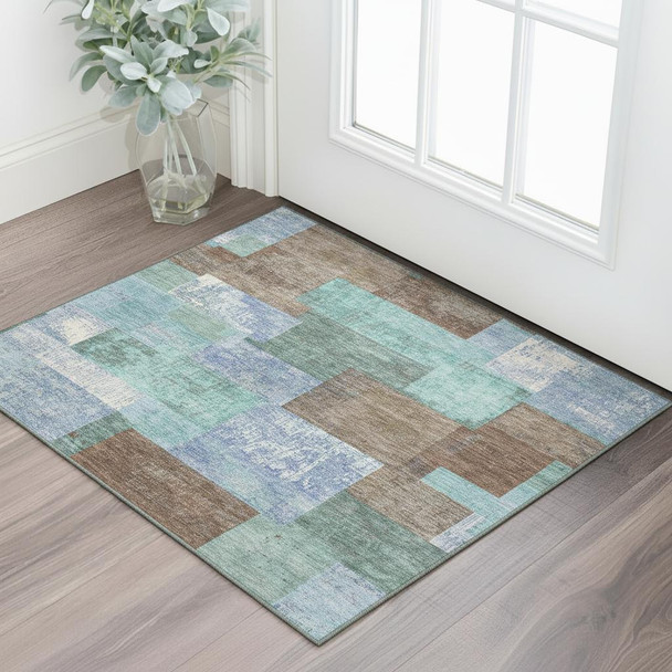 3' X 5' Brown Teal And Ivory Geometric Washable Area Rug With UV Protection
