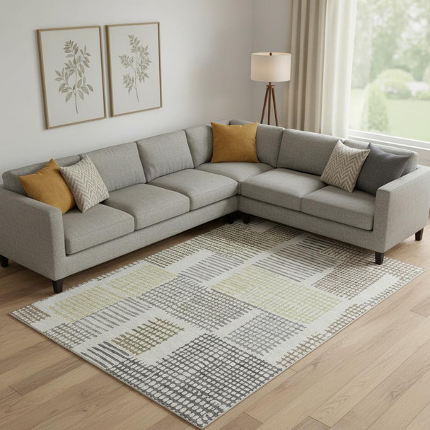 10' X 14' Sand Brown And Ivory Geometric Washable Area Rug With UV Protection