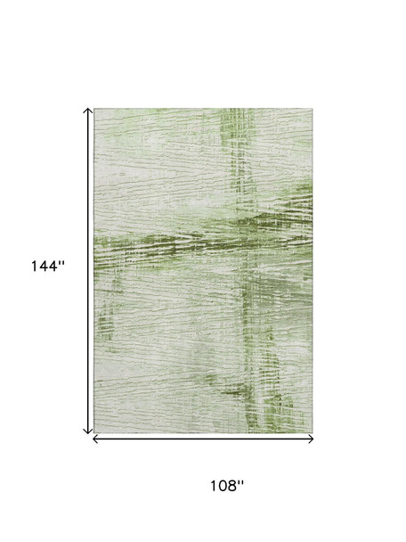 9' X 12' Artichoke Green And Ivory Striped Washable Area Rug With UV Protection