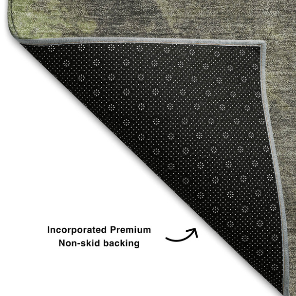 5' X 8' Artichoke Green Taupe And Brown Abstract Washable Area Rug With UV Protection