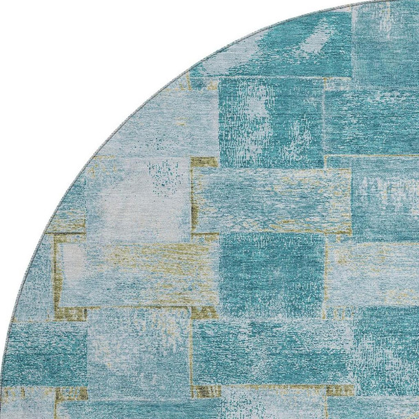 8' Teal And Khaki Striped Washable Round Rug With UV Protection
