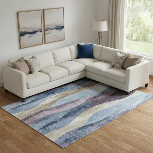 10' X 14' Denim Blue Purple And Beige Abstract Washable Area Rug With UV Protection